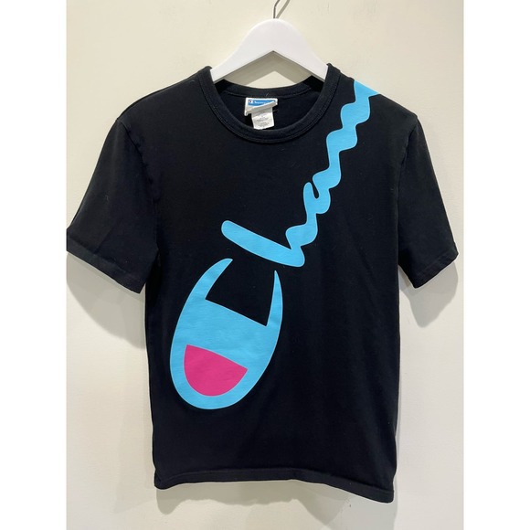 Champion Men's S Short Sleeve Heritage Tee Black‎ With Blue Script Logo Cotton - Picture 2 of 5